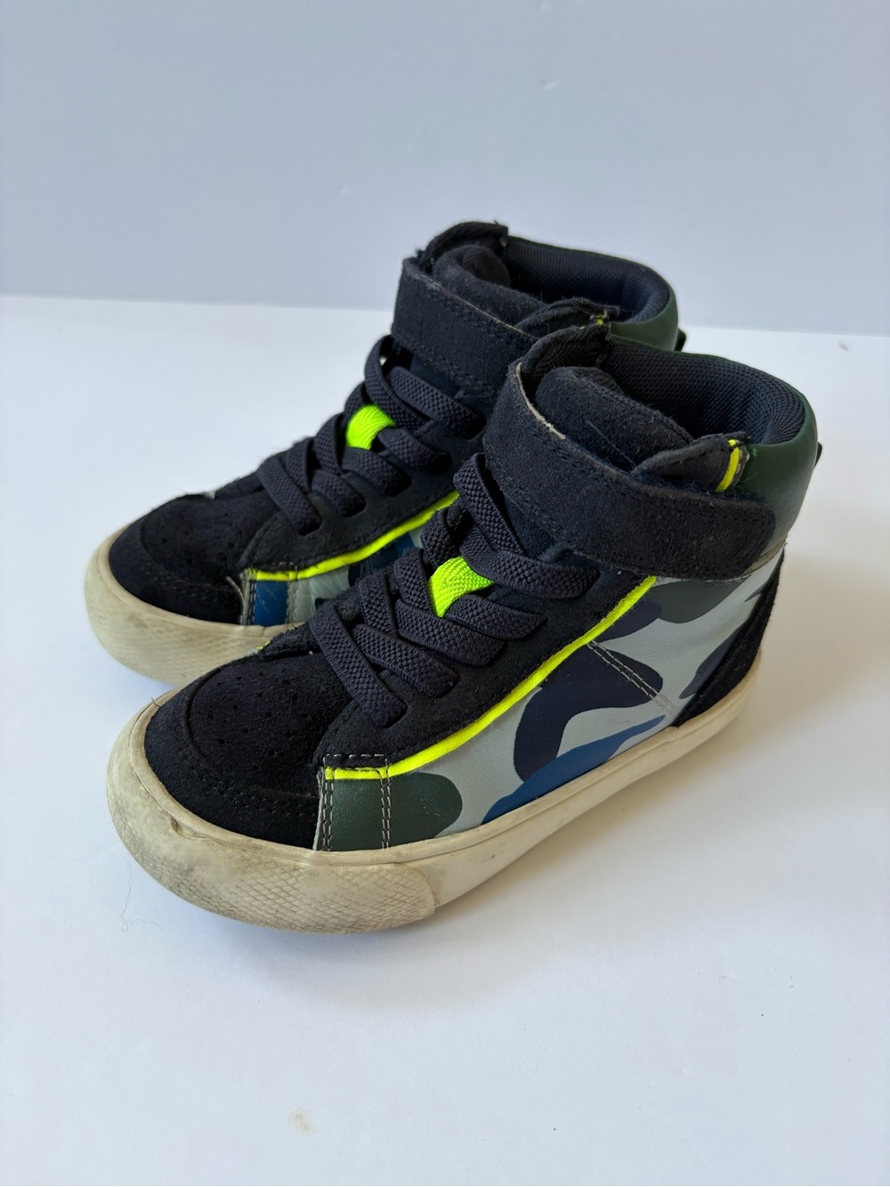 Mini Boden Kid's 8 Leather Suede High Tops Kingfisher Blue Camo Shoes Sneakers
